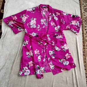 INC Fuschia Satin Floral Kimono Bathrobe Dressing Robe Size Small